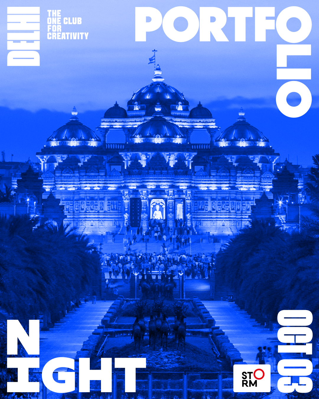 Portfolio Night Delhi 2026 key artwork: Akshardham at dusk in electric blue